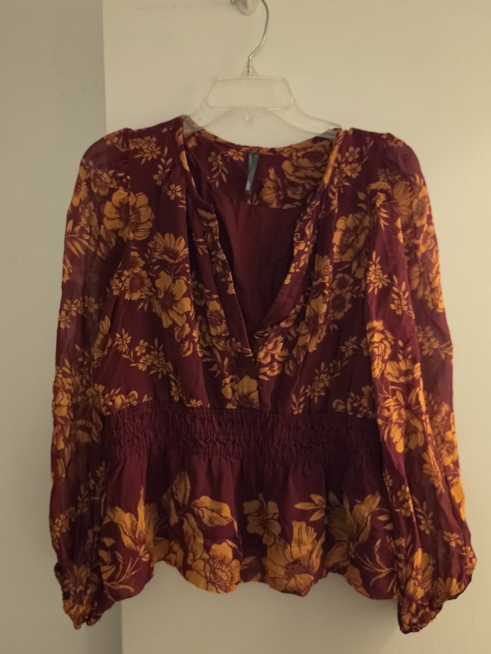 Anthropologie Burgundy and Orange Floral V-Neck Smocked Peplum Blouse
